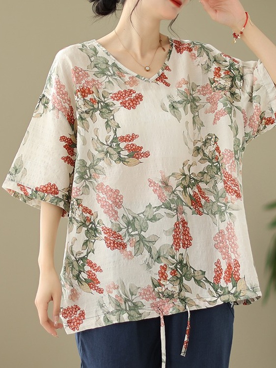 T-shirt d'été ample en coton e - Short Linen Drawstring avis et prix