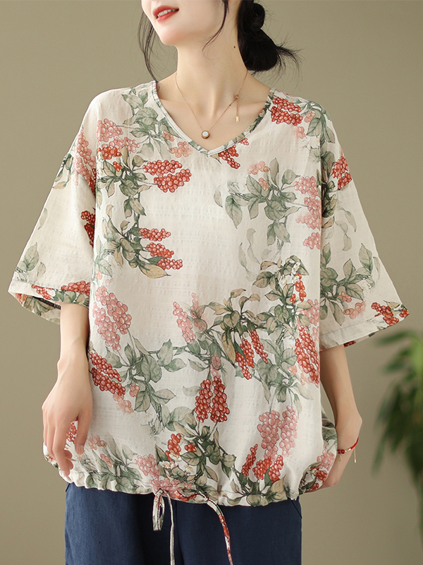 T-shirt d'été ample en coton e - Short Linen Drawstring avis et prix